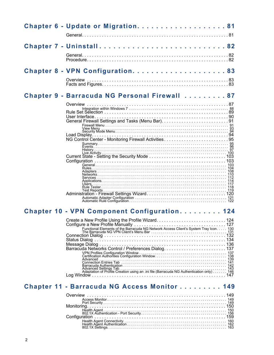 Chapter 6 - update or migration, Chapter 7 - uninstall, Chapter 8 - vpn configuration | Chapter 9 - barracuda ng personal firewall, Chapter 10 - vpn component configuration, Chapter 11 - barracuda ng access monitor | Barracuda Networks VERSION SP4 User Manual | Page 4 / 268