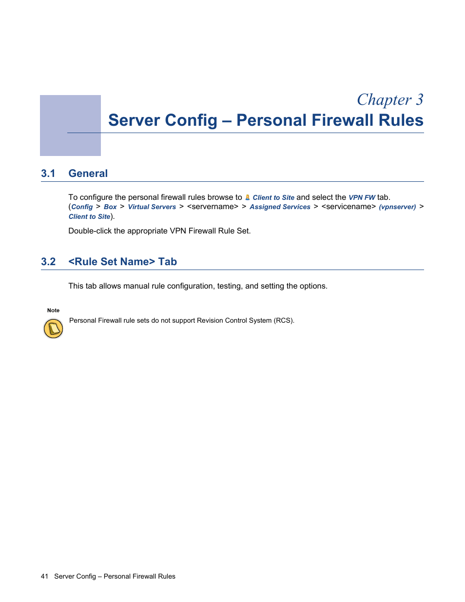 Server config – personal firewall rules, 1 general, 2 <rule set name> tab | General, Rule set name> tab, Chapter 3 server config – personal firewall rules | Barracuda Networks VERSION SP4 User Manual | Page 43 / 268