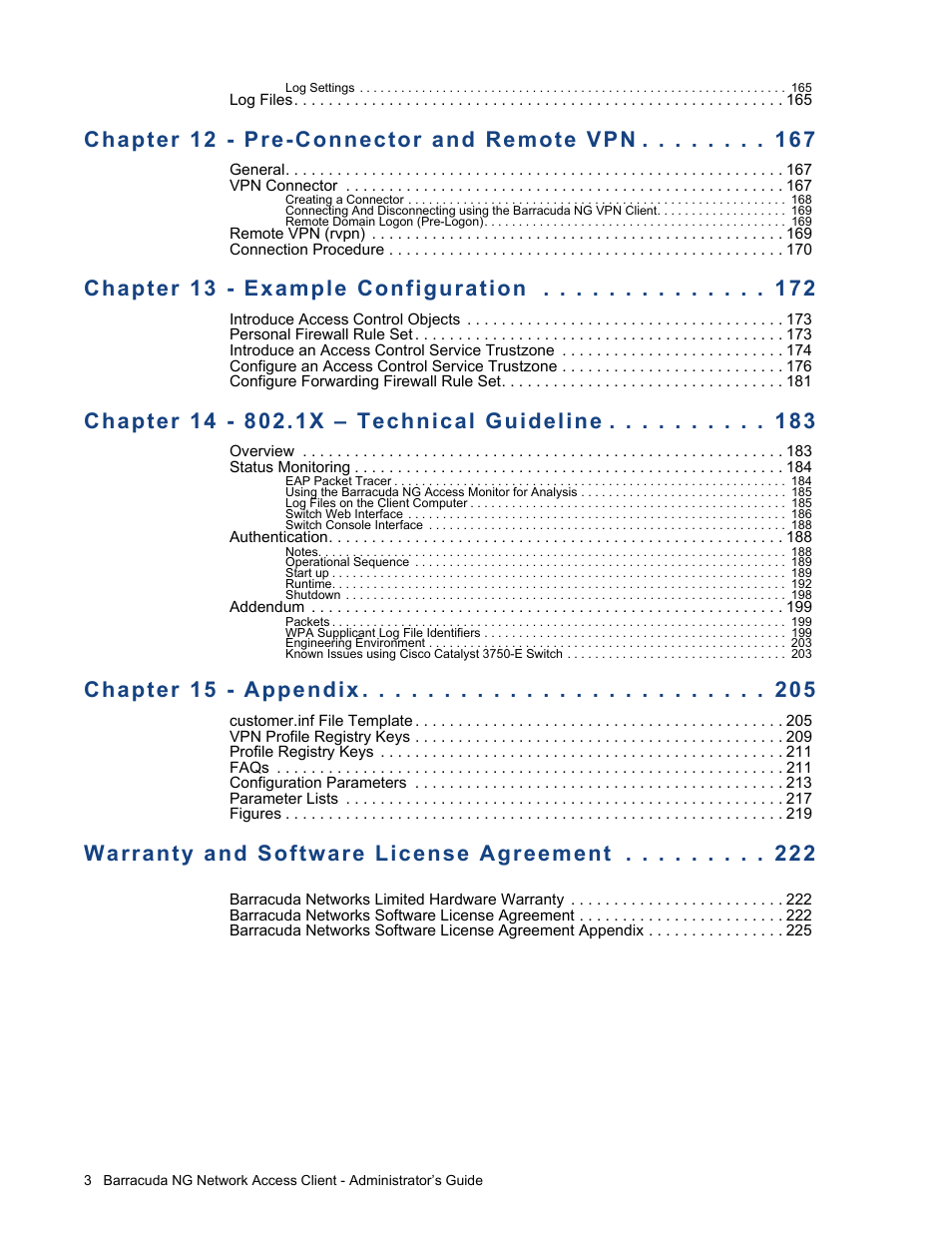 Chapter 12 - pre-connector and remote vpn, Chapter 13 - example configuration, Chapter 15 - appendix | Warranty and software license agreement | Barracuda Networks VERSION SP4 User Manual | Page 5 / 268