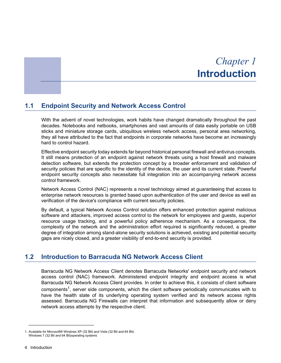 Introduction, 1 endpoint security and network access control, Chapter 1 - introduction | Endpoint security and network access control, Introduction to barracuda ng network access client, Chapter 1 introduction | Barracuda Networks VERSION SP4 User Manual | Page 6 / 268