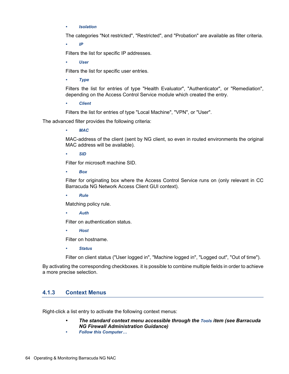 3 context menus, Context menus | Barracuda Networks VERSION SP4 User Manual | Page 66 / 268