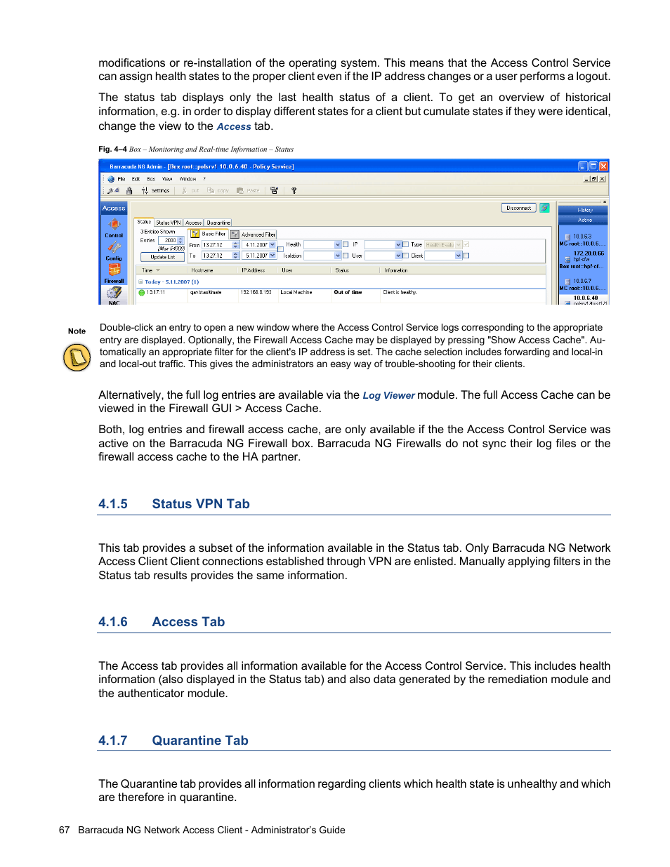 5 status vpn tab, 6 access tab, 7 quarantine tab | Status vpn tab, Access tab, Quarantine tab | Barracuda Networks VERSION SP4 User Manual | Page 69 / 268