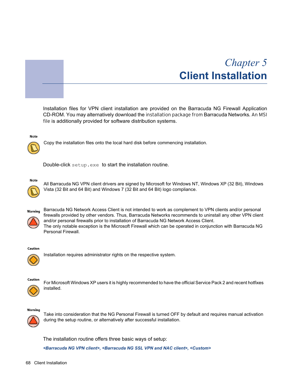 Client installation, Chapter 5 - client installation, Chapter 5 client installation | Barracuda Networks VERSION SP4 User Manual | Page 70 / 268