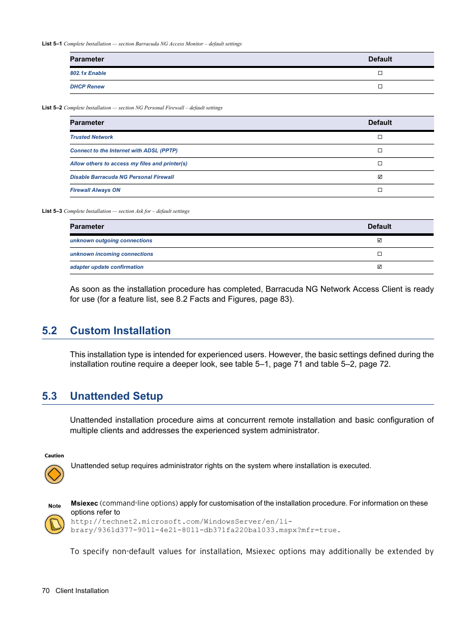 2 custom installation, 3 unattended setup, Custom installation | Unattended setup | Barracuda Networks VERSION SP4 User Manual | Page 72 / 268