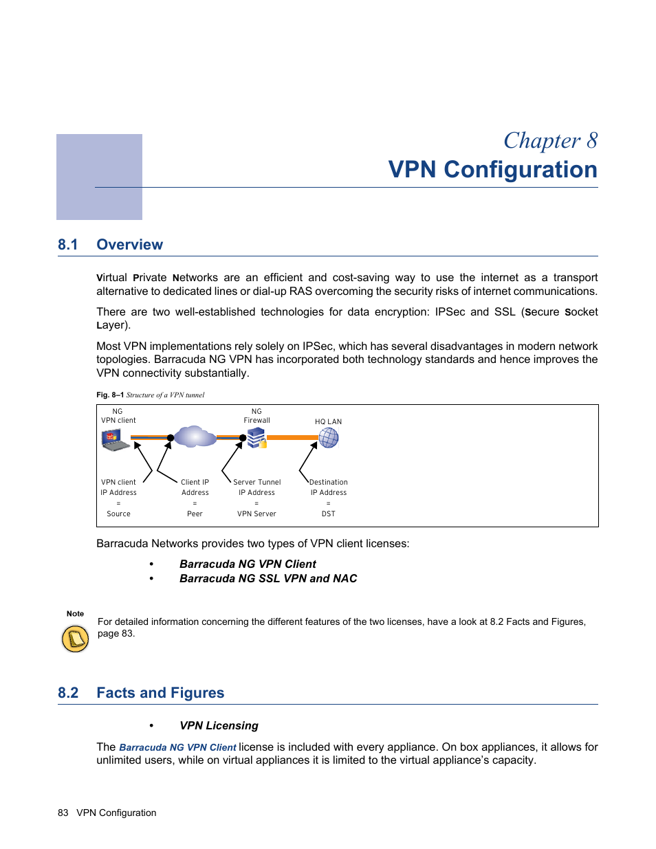 Vpn configuration, 1 overview, 2 facts and figures | Chapter 8 - vpn configuration, Overview, Facts and figures, Chapter 8 vpn configuration | Barracuda Networks VERSION SP4 User Manual | Page 85 / 268