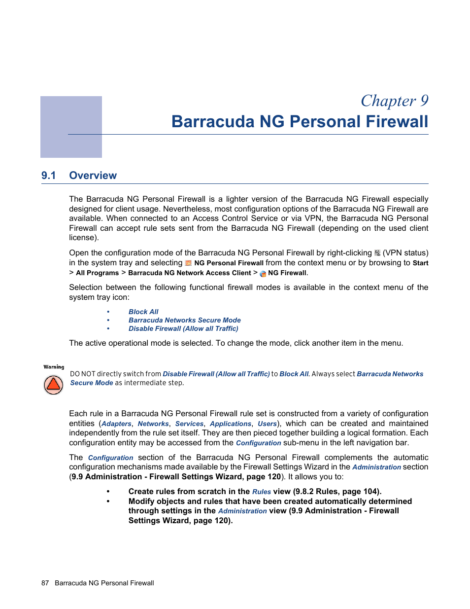 Barracuda ng personal firewall, 1 overview, Chapter 9 - barracuda ng personal firewall | Overview, Chapter 9 barracuda ng personal firewall | Barracuda Networks VERSION SP4 User Manual | Page 89 / 268