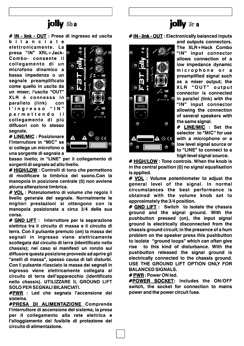 Pannello connessioni connection panel | FBT JOLLY5 User Manual | Page 7 / 24