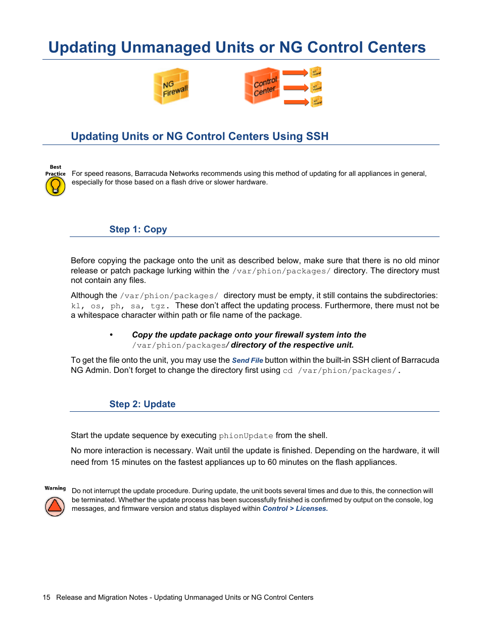 Updating unmanaged units or ng control centers, Updating units or ng control centers using ssh, Then proceed to | Updating | Barracuda Networks NG FIREWALL 5.0.3 User Manual | Page 15 / 24