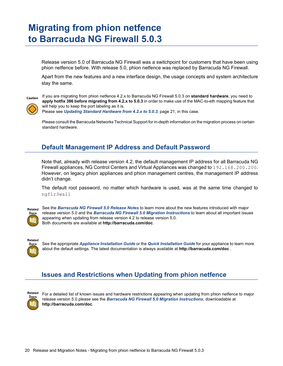 Default management ip address and default password, Migrating from phion netfence, To barracuda ng firewall 5.0.3 | Barracuda Networks NG FIREWALL 5.0.3 User Manual | Page 20 / 24