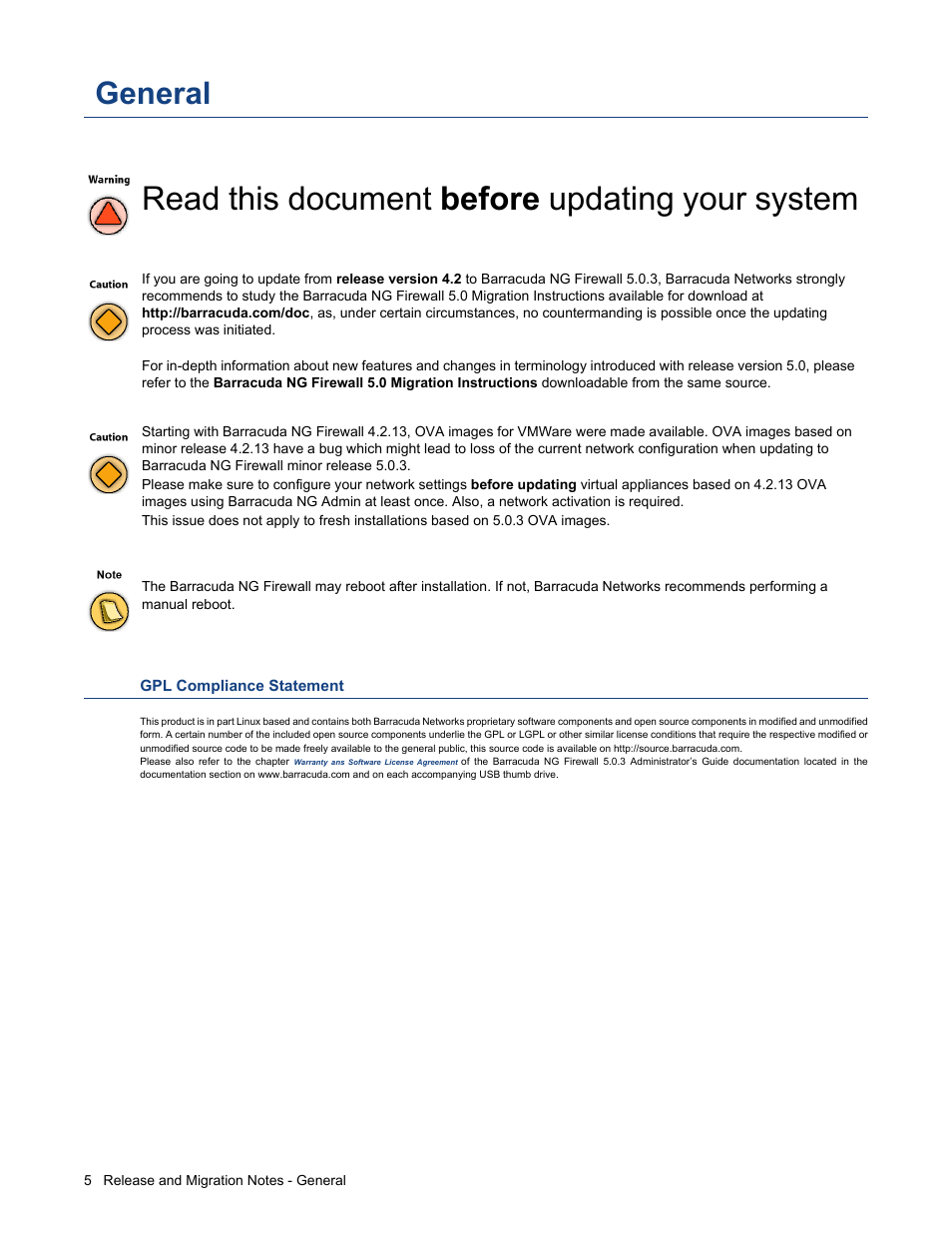 General, Gpl compliance statement, Read this document before updating your system | Barracuda Networks NG FIREWALL 5.0.3 User Manual | Page 5 / 24