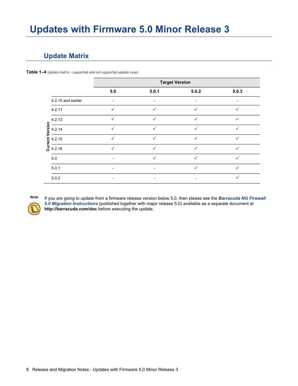 Updates with firmware 5.0 minor release 3, Update matrix | Barracuda Networks NG FIREWALL 5.0.3 User Manual | Page 8 / 24