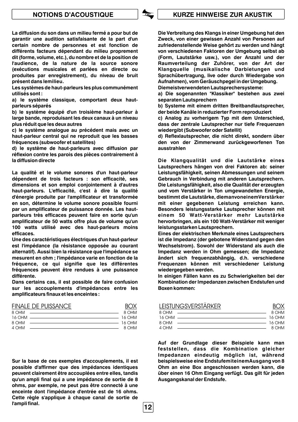 Notions d’acoustique kurze hinweise zur akustik, Finale de puissance, Leistungsverstärker | FBT STUDIO PRO41 User Manual | Page 14 / 16