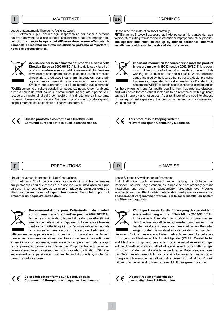 Avvertenze, Warnings, Precautions | Hinweise | FBT MHO 420 EN User Manual | Page 2 / 8