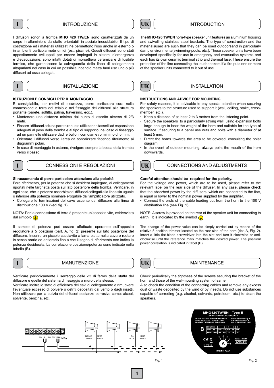 Introduzione introduction, Installazione installation, Manutenzione maintenance | FBT MHO 420 EN User Manual | Page 3 / 8