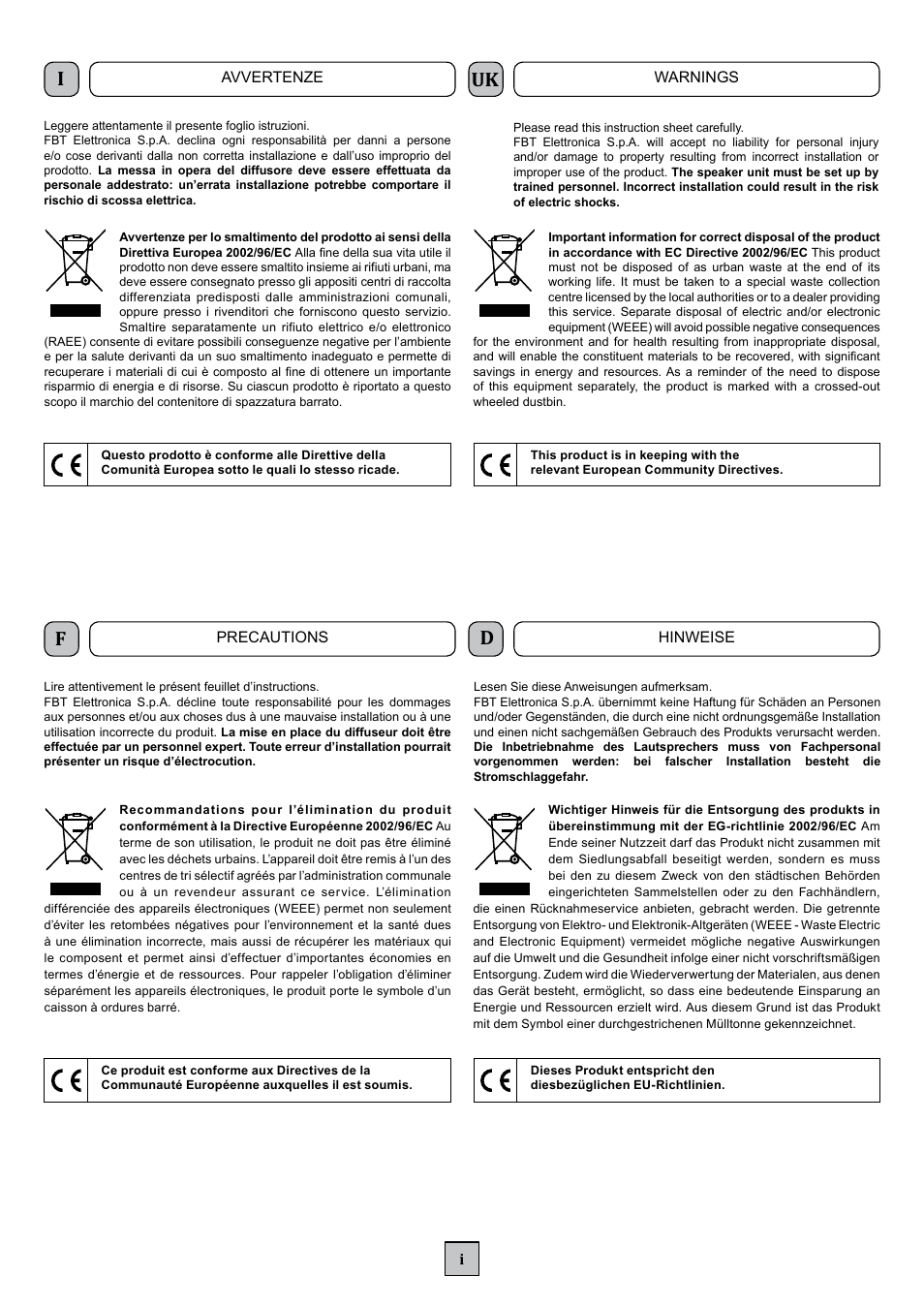 Avvertenze, Warnings, Precautions | Hinweise | FBT WMS 406 EN User Manual | Page 2 / 8