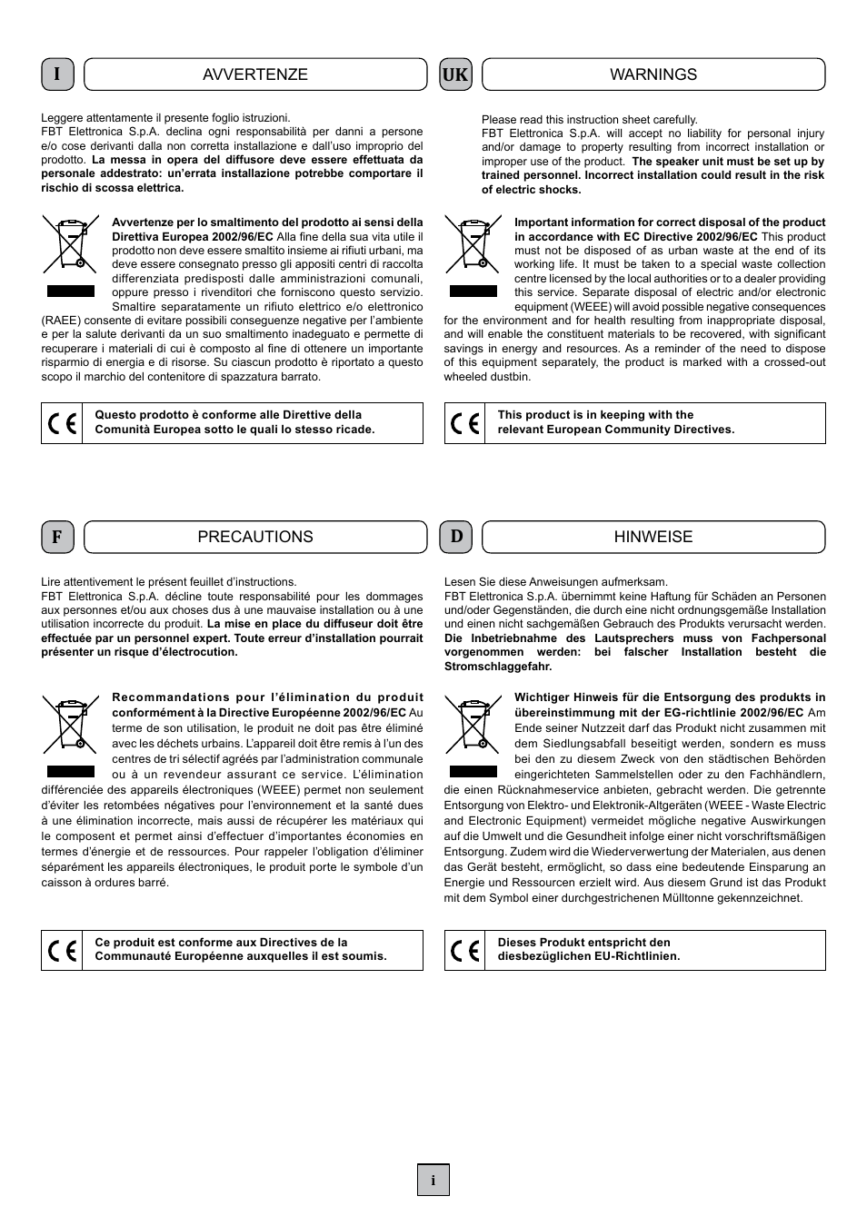 Avvertenze, Warnings, Precautions | Hinweise | FBT WSP 406 EN User Manual | Page 3 / 8
