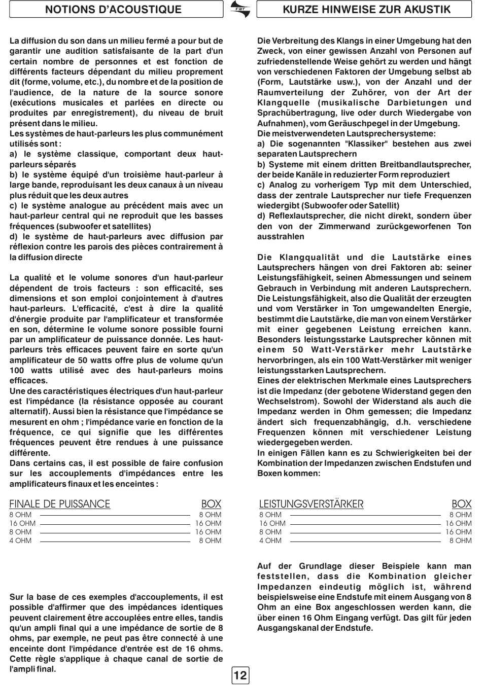 Notions d’acoustique kurze hinweise zur akustik, Finale de puissance, Leistungsverstärker | FBT STUDIO pro91 User Manual | Page 14 / 16