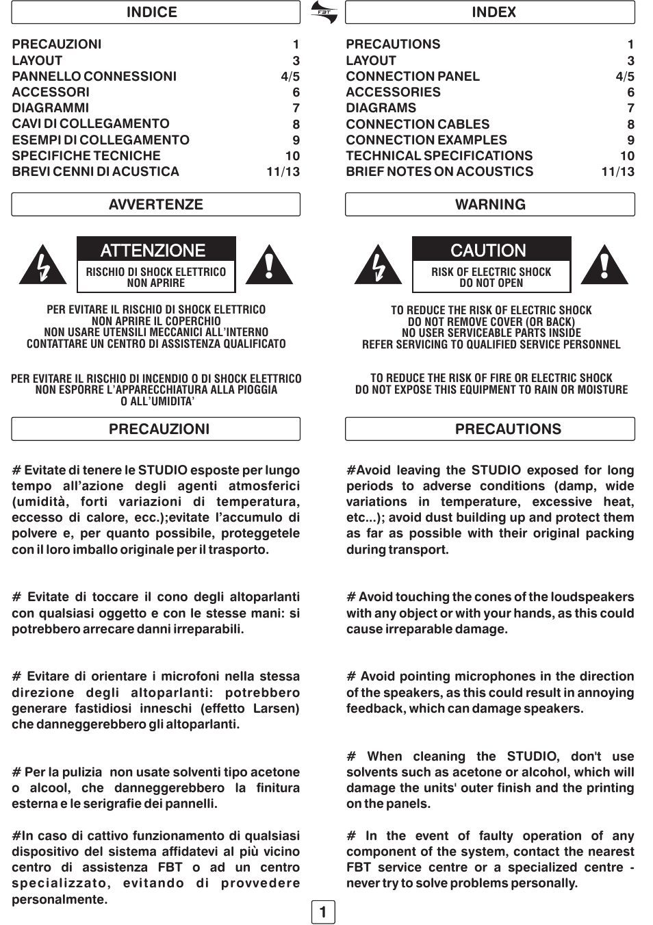 Caution, Attenzione | FBT STUDIO pro91 User Manual | Page 3 / 16