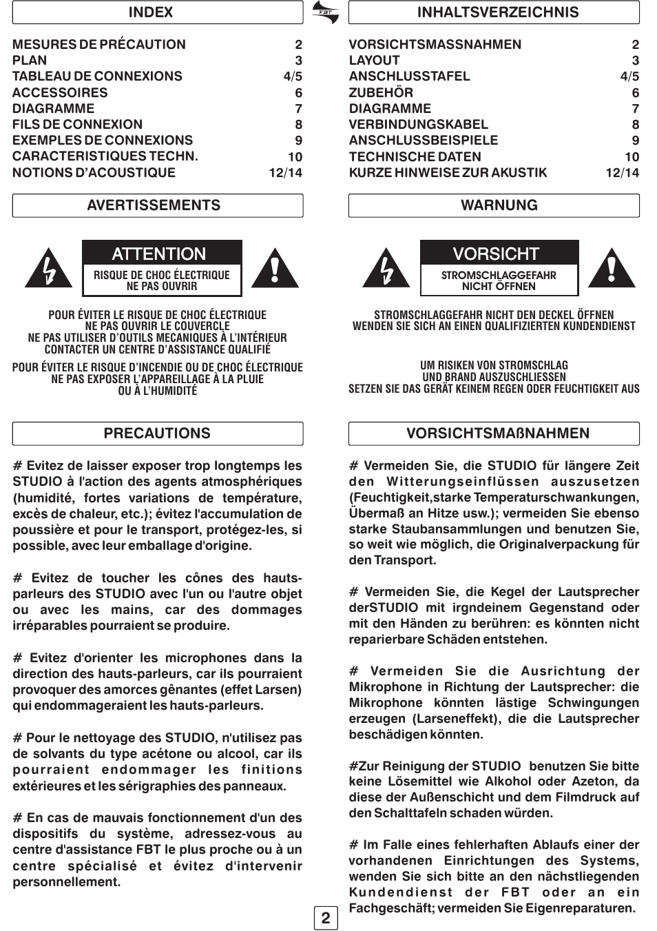 Vorsicht, Attention | FBT STUDIO pro91 User Manual | Page 4 / 16