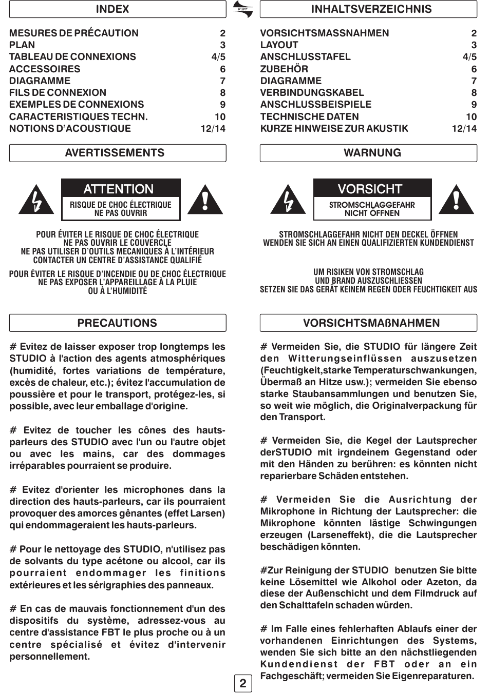 Vorsicht, Attention | FBT STUDIO pro141 User Manual | Page 4 / 16