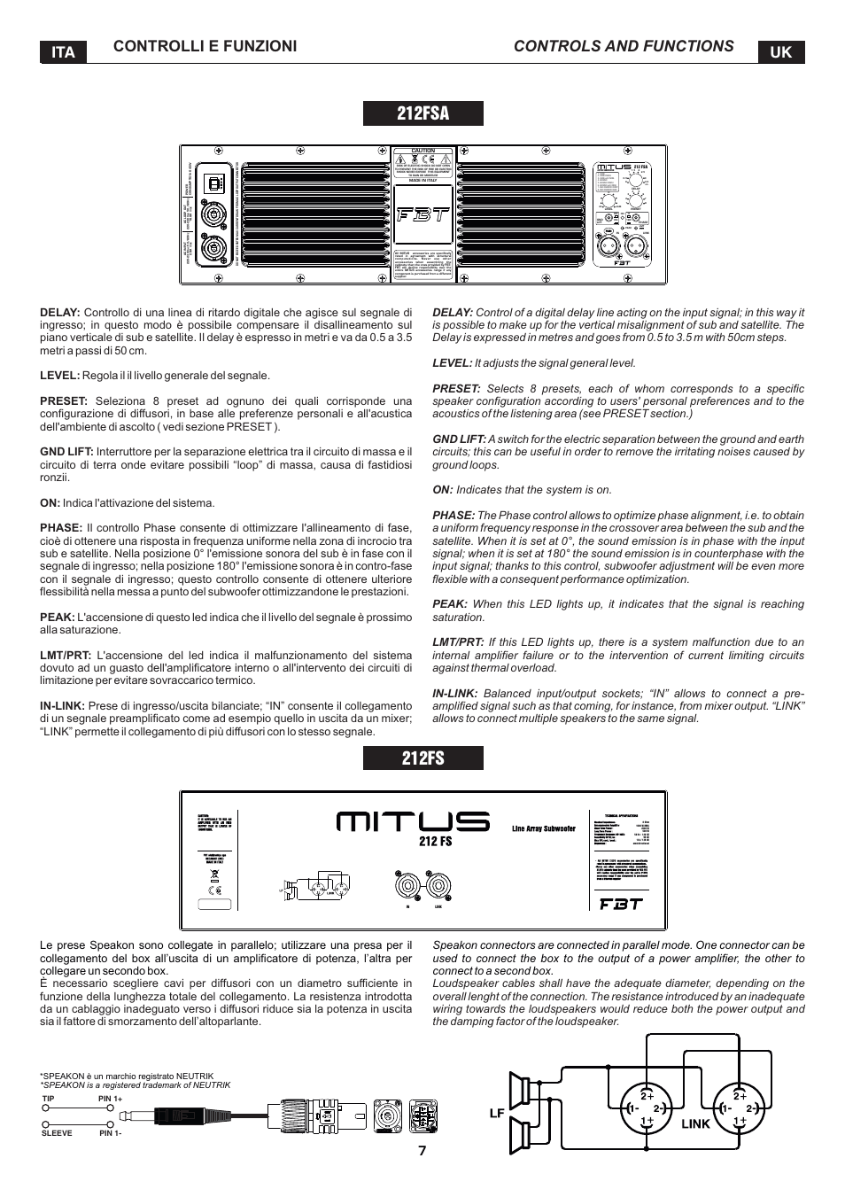 212fsa, 212fs, Controlli e funzioni ita uk controls and functions | FBT MITUS User Manual | Page 10 / 88