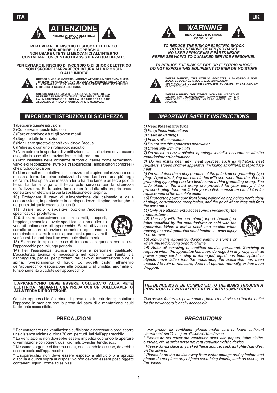 Warning, Attenzione | FBT MITUS User Manual | Page 4 / 88