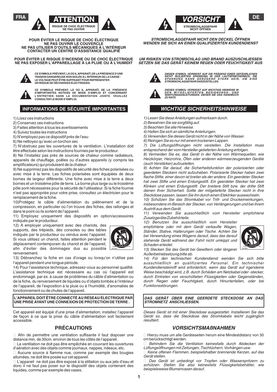 Attention, Vorsicht, Fra de | Wichtige sicherheitshinweise, Précautions vorsichtsmaßnahmen, Informations de sécurité importantes | FBT MITUS User Manual | Page 46 / 88