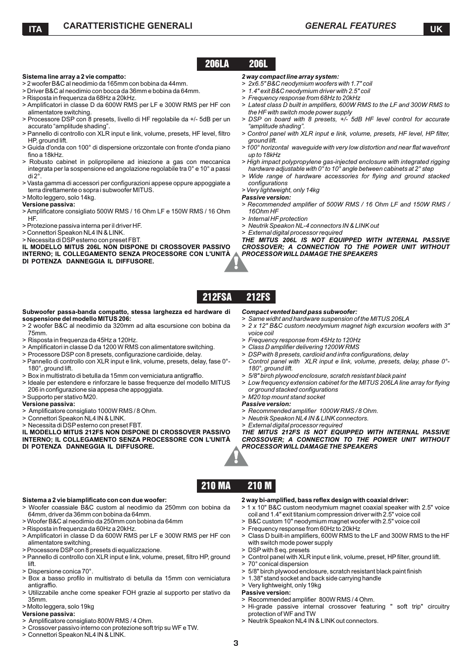 Caratteristiche generali ita uk general features | FBT MITUS User Manual | Page 6 / 88