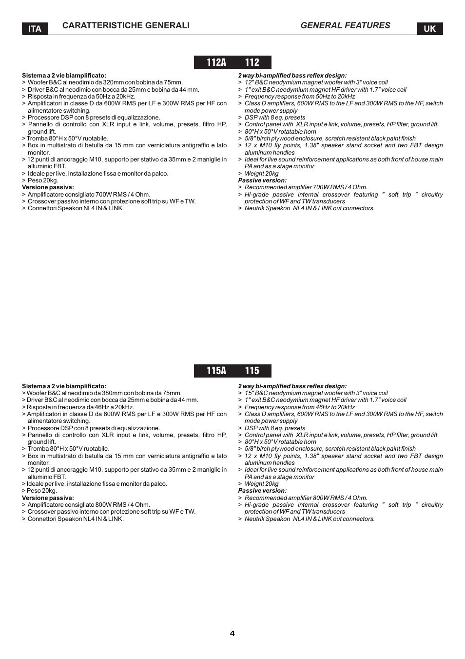 Caratteristiche generali ita uk general features | FBT MITUS User Manual | Page 7 / 88