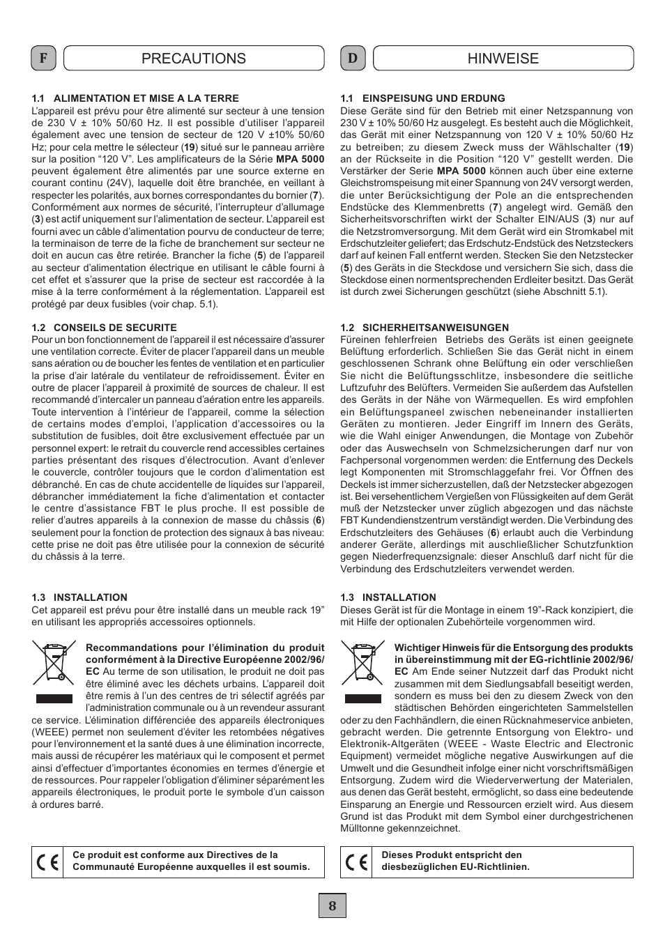 Precautions hinweise | FBT MPA 5480 User Manual | Page 10 / 20