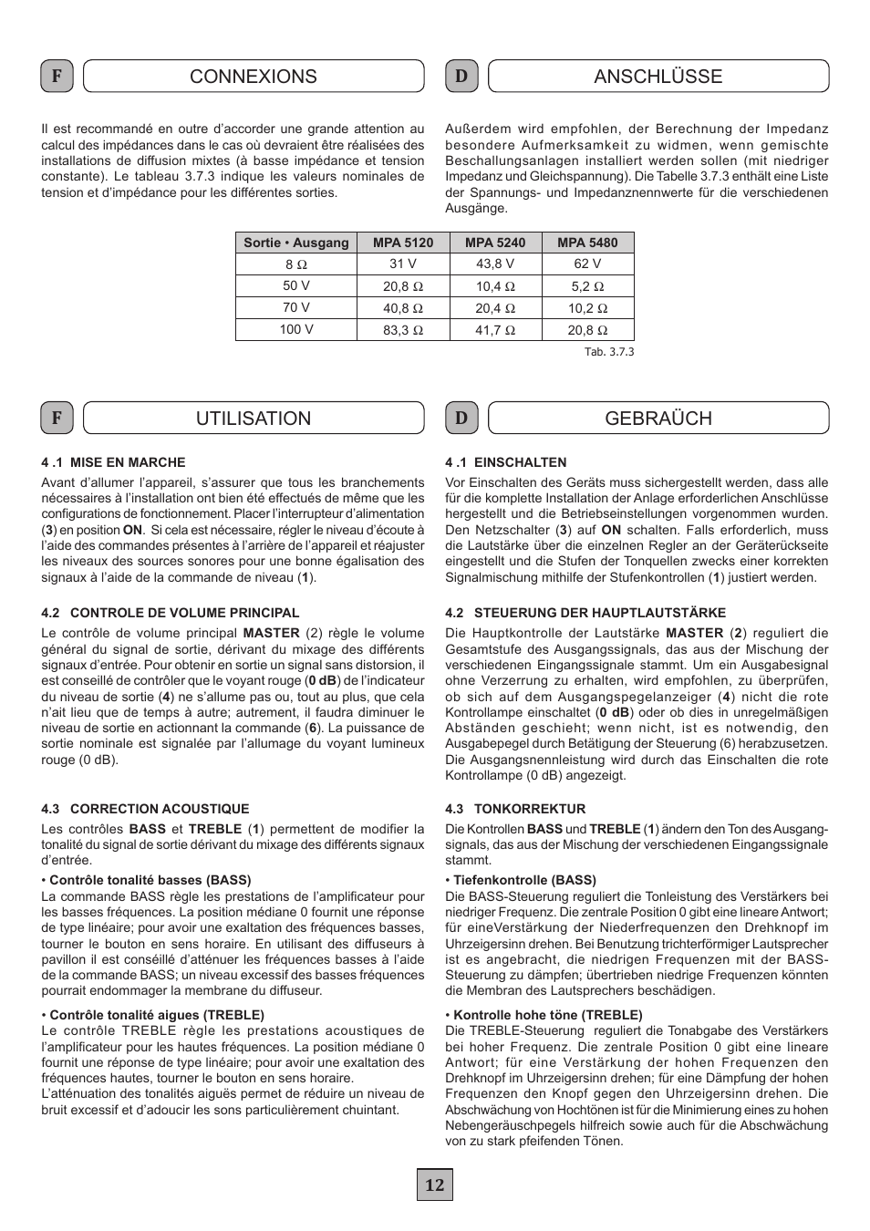 Connexions anschlüsse utilisation gebraüch | FBT MPA 5480 User Manual | Page 14 / 20