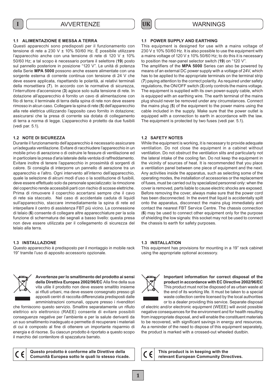 Avvertenze warnings | FBT MPA 5480 User Manual | Page 3 / 20