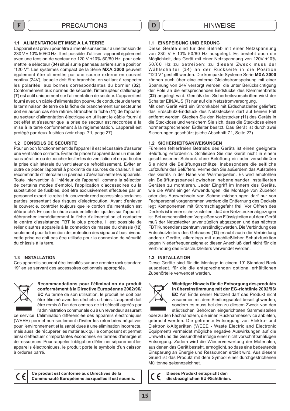 Precautions hinweise | FBT MXA 3240 User Manual | Page 18 / 32