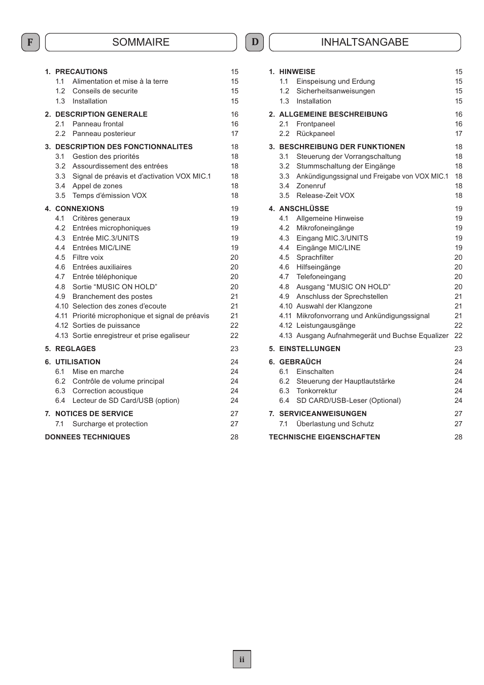 Fsommaire, Dinhaltsangabe | FBT MXA 3240 User Manual | Page 3 / 32