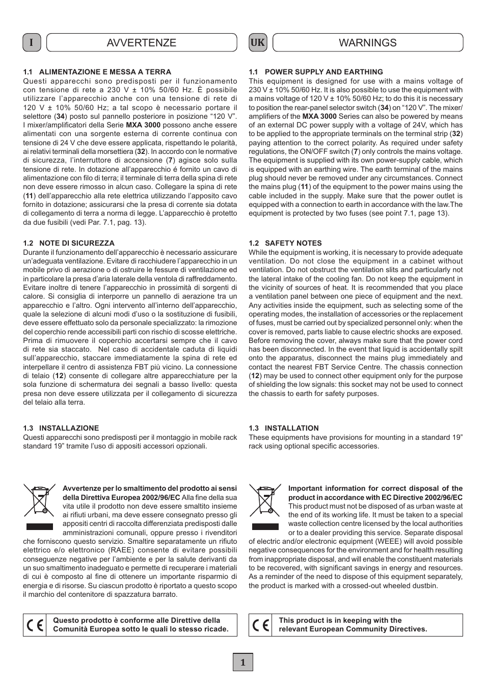 Avvertenze warnings | FBT MXA 3240 User Manual | Page 4 / 32