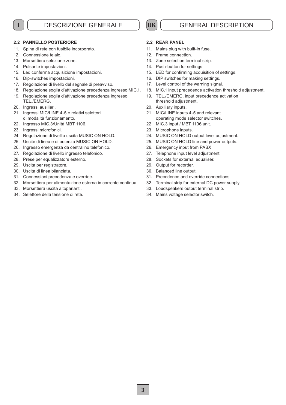 Descrizione generale general description | FBT MXA 3240 User Manual | Page 6 / 32