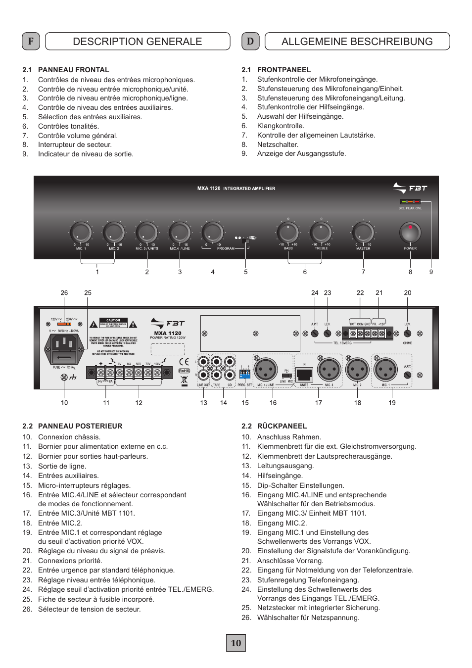 Description generale allgemeine beschreibung | FBT MXA 1120 User Manual | Page 12 / 20