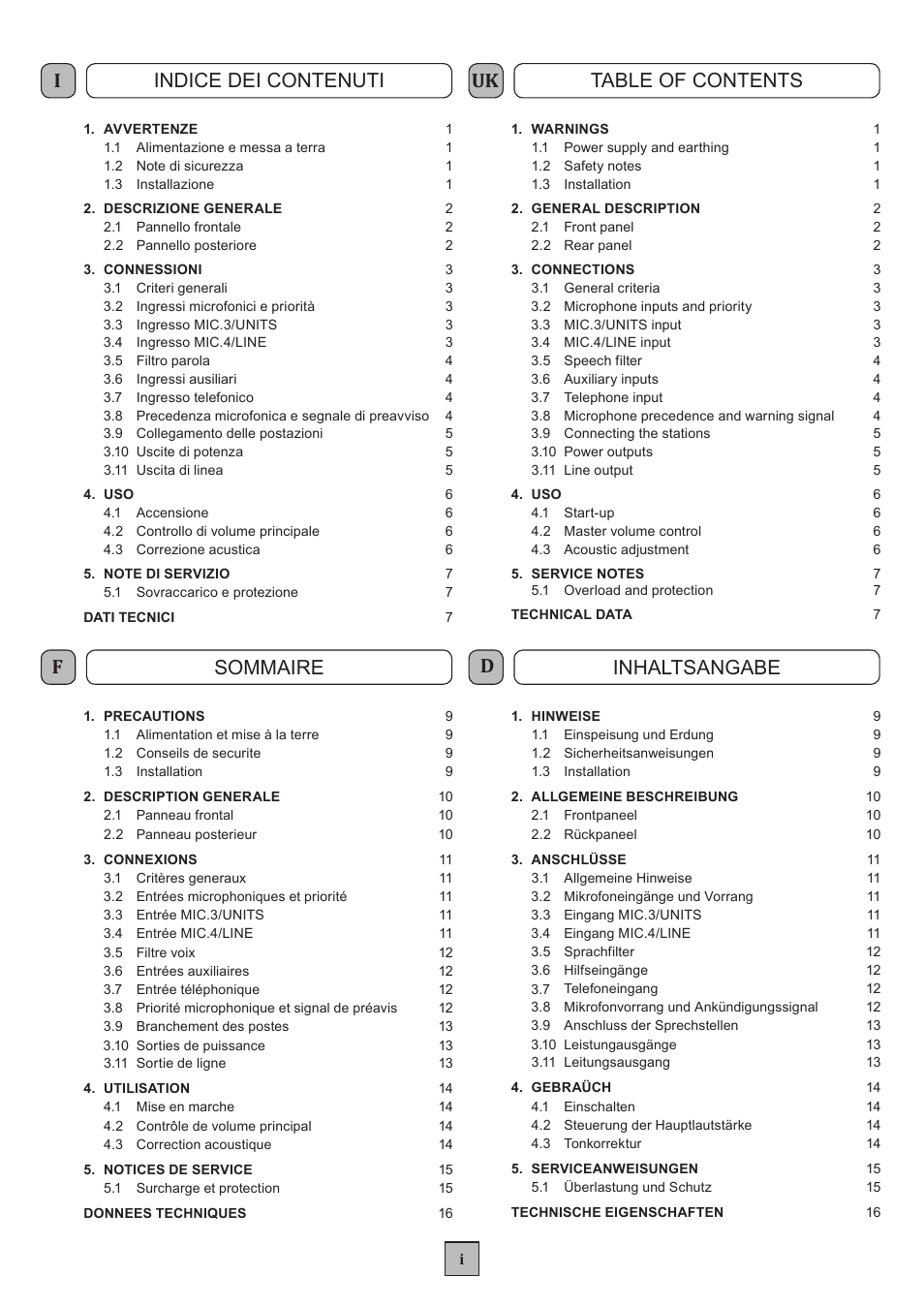 Iindice dei contenuti uk table of contents, Fsommaire, Dinhaltsangabe | FBT MXA 1120 User Manual | Page 2 / 20