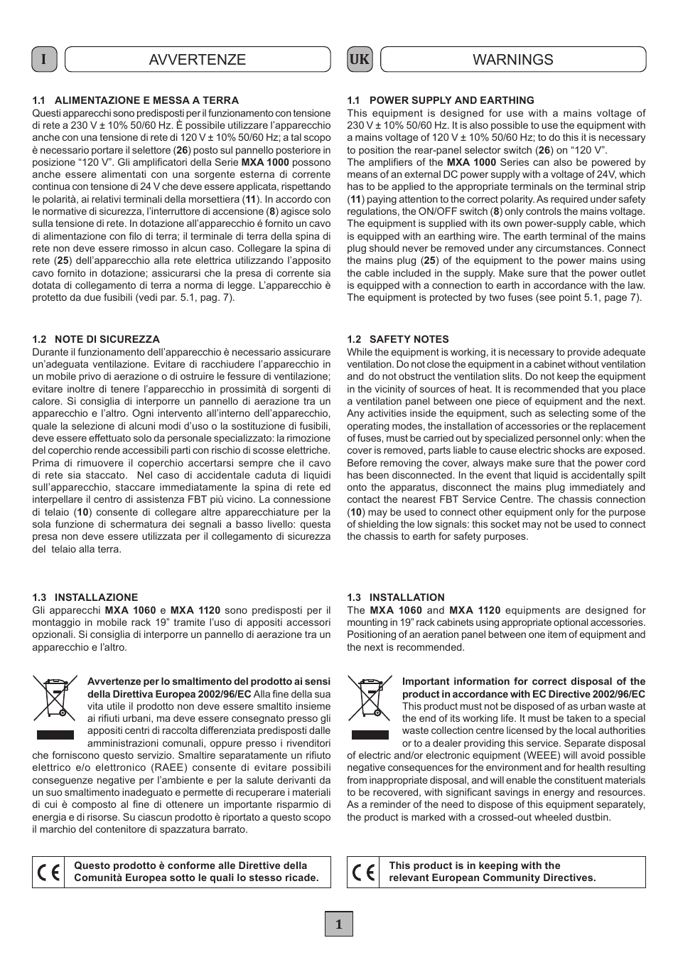 Avvertenze warnings | FBT MXA 1120 User Manual | Page 3 / 20