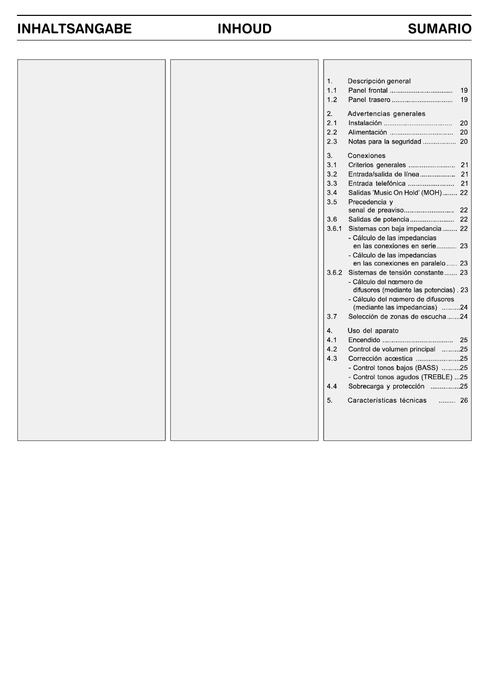 Inhoud inhaltsangabe sumario | FBT MPA 3240 User Manual | Page 4 / 28
