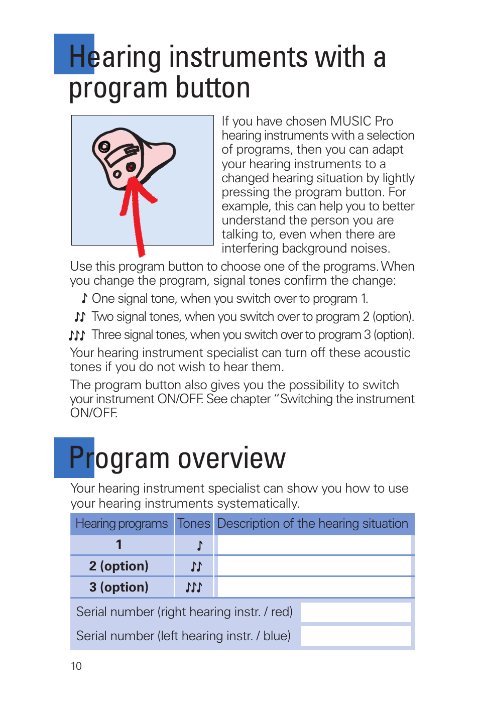 Hearing instruments with a program button, Program overview | Siemens MUSIC Pro Pro IT User Manual | Page 10 / 24