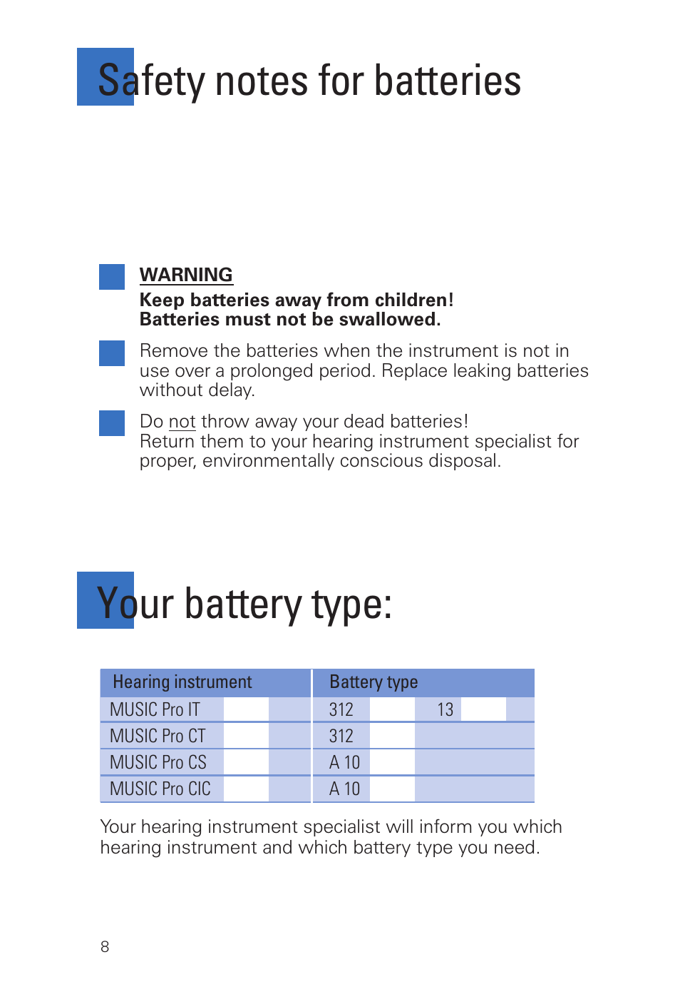 Your battery type | Siemens MUSIC Pro Pro IT User Manual | Page 8 / 24