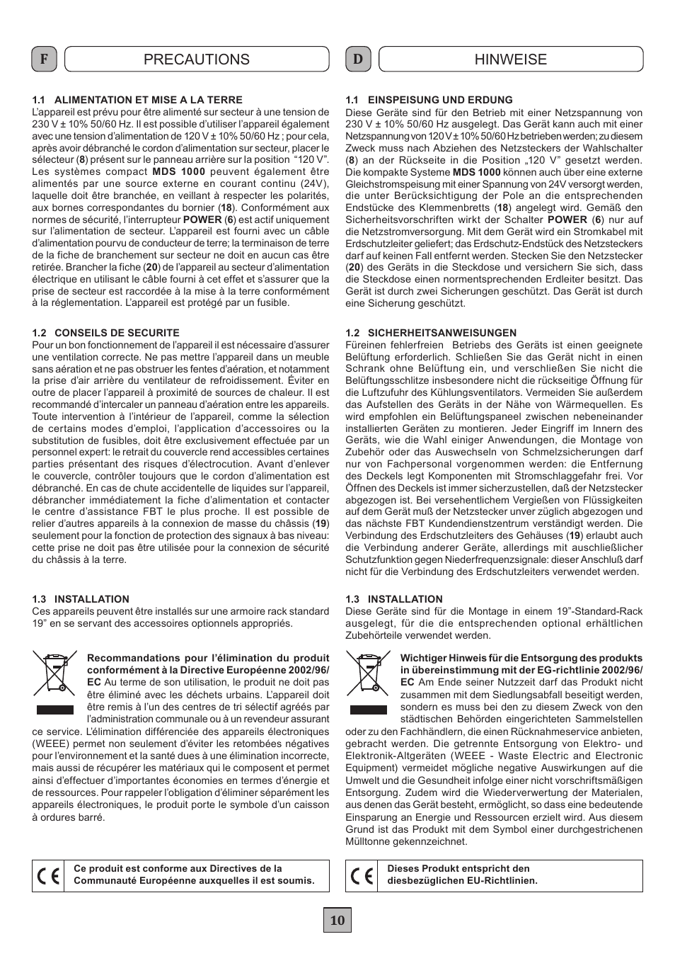 Precautions hinweise | FBT MDS 1240 User Manual | Page 12 / 24