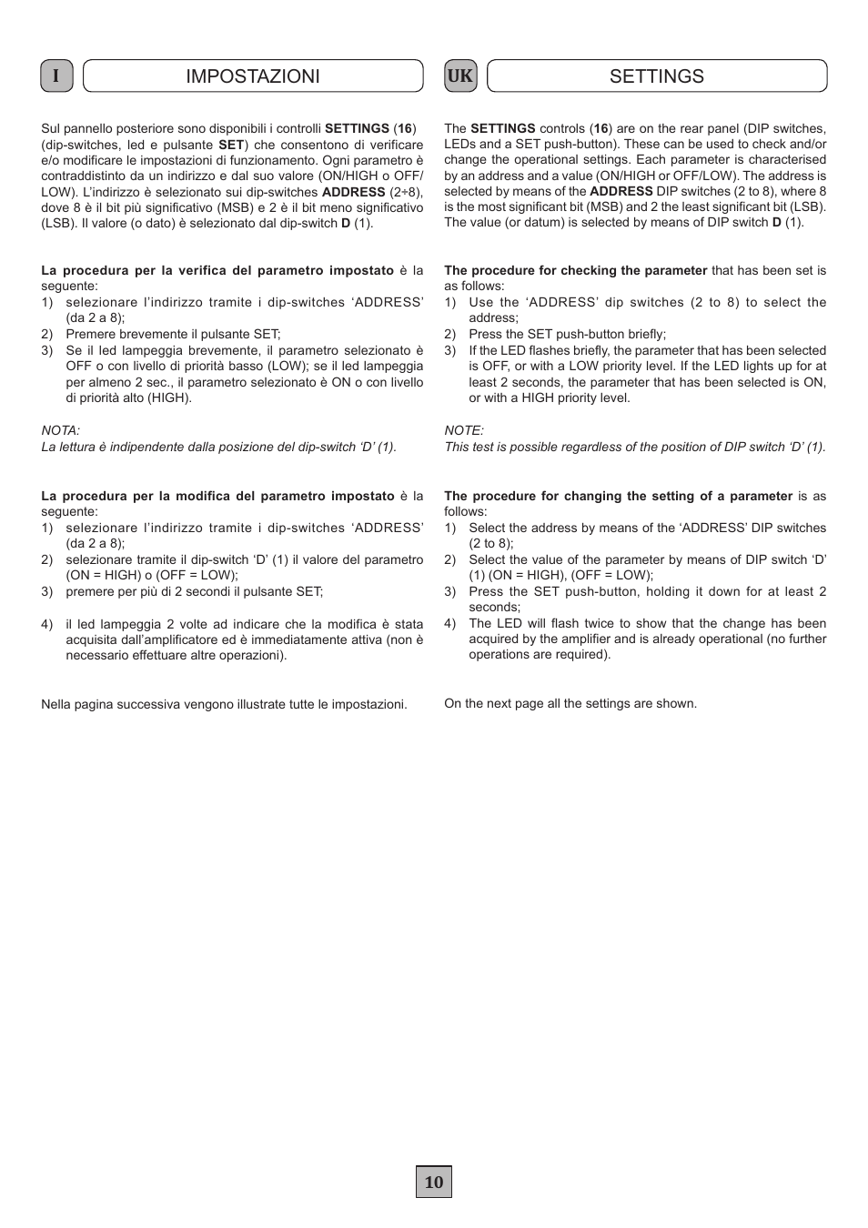Iuk impostazioni settings | FBT MDS 6240 User Manual | Page 13 / 40