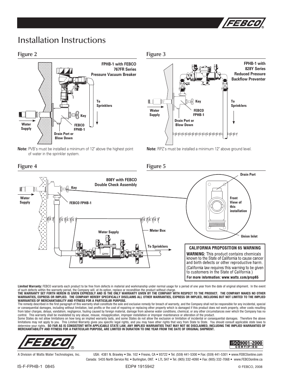 Installation instructions, Figure 2 figure 3 figure 4 figure 5 | FEBCO FPHB-1 Key Operated Wall Hydrants for Irrigation System Winterization User Manual | Page 2 / 2