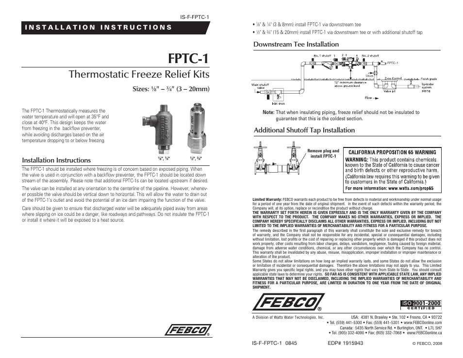 FEBCO FPTC-1 Thermostatic Freeze Relief Kits User Manual | 2 pages