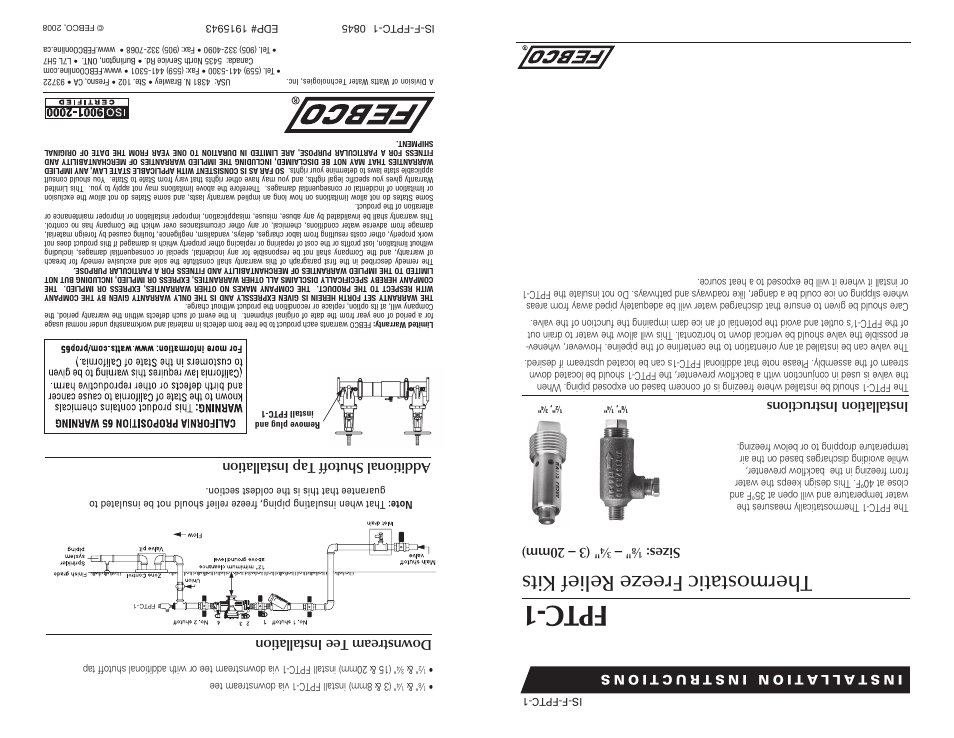 Fptc-1, The rm ost atic fre eze rel ief kits, Sizes | 3 – 20mm), Installation instructions | FEBCO FPTC-1 Thermostatic Freeze Relief Kits User Manual | Page 2 / 2