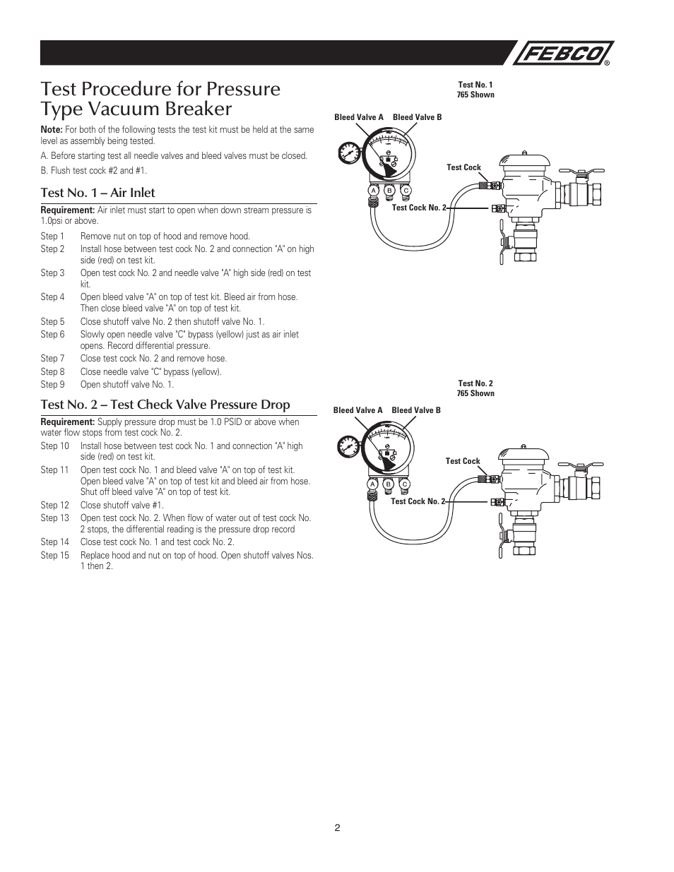 Test procedure for pressure type vacuum breaker, Test no. 1 – air inlet, Test no. 2 – test check valve pressure drop | FEBCO TK-1 Backflow Preventer Test Kit User Manual | Page 2 / 4