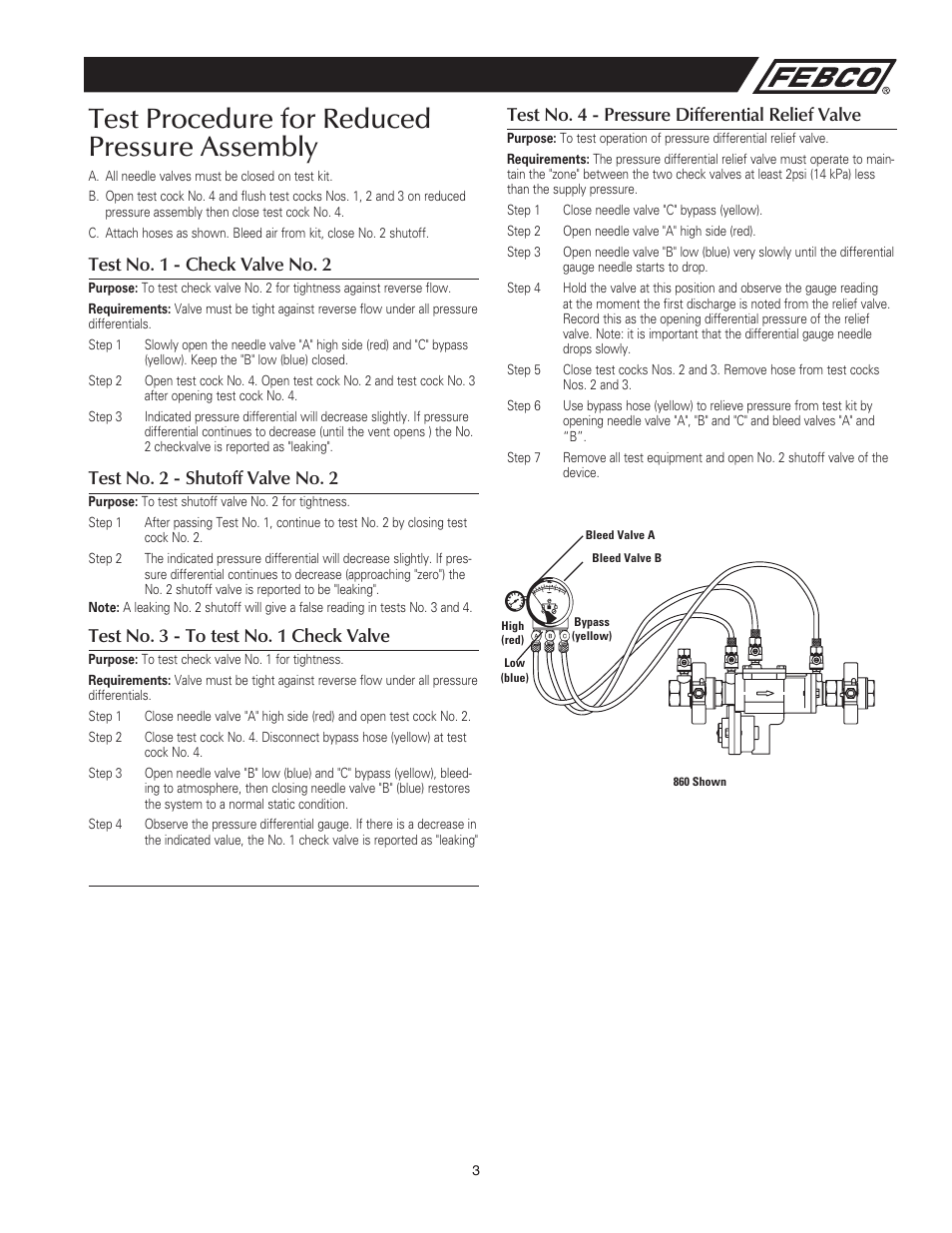 Test procedure for reduced pressure assembly, Test no. 1 - check valve no. 2, Test no. 2 - shutoff valve no. 2 | Test no. 3 - to test no. 1 check valve, Test no. 4 - pressure differential relief valve | FEBCO TK-1 Backflow Preventer Test Kit User Manual | Page 3 / 4