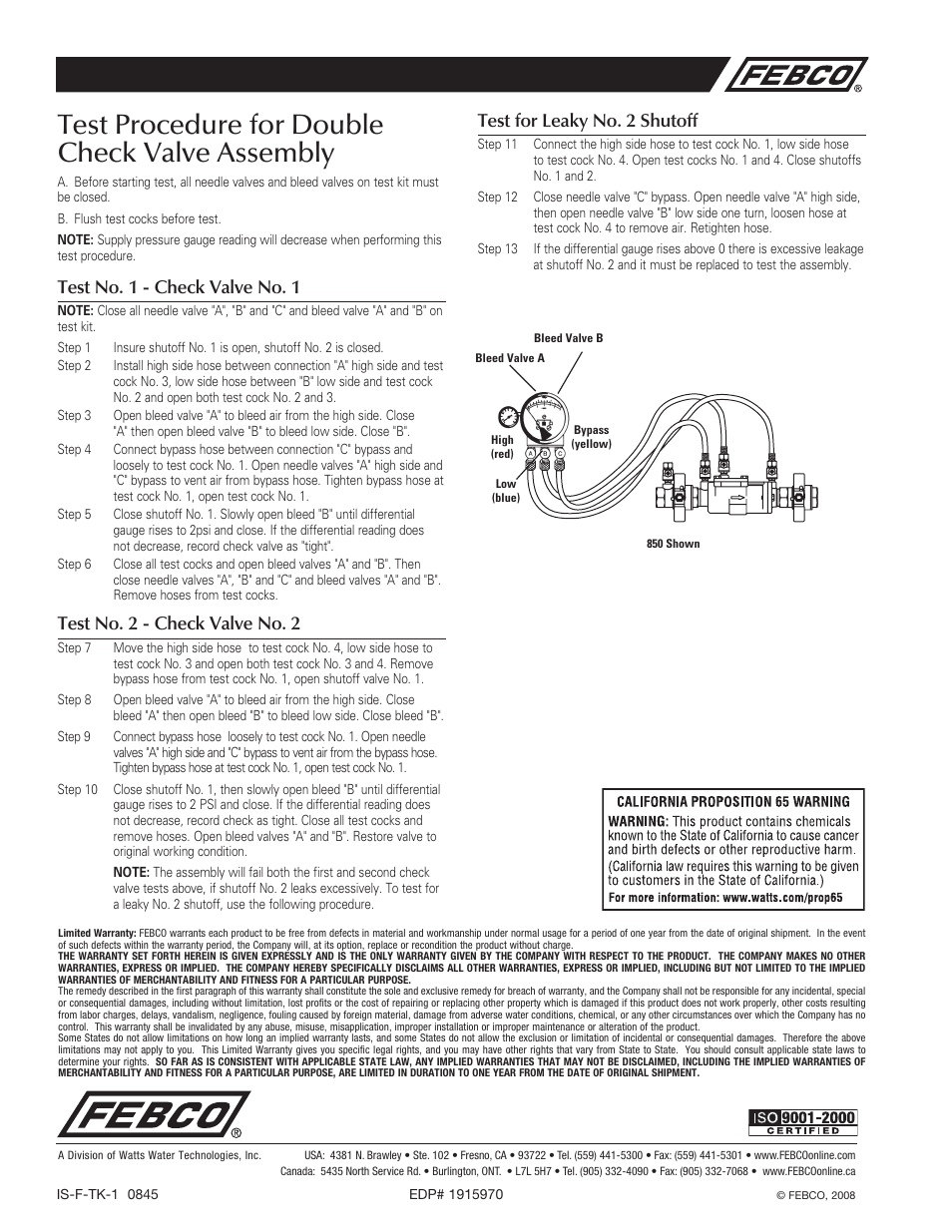 Test procedure for double check valve assembly, Test no. 1 - check valve no. 1, Test no. 2 - check valve no. 2 | Test for leaky no. 2 shutoff | FEBCO TK-1 Backflow Preventer Test Kit User Manual | Page 4 / 4